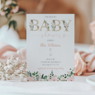 Gold Foil Floral Baby Girl Baby shower Invitation Kaart