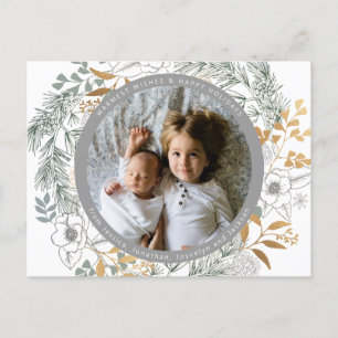 Gold Foil Floral met aangepaste foto White Holiday Briefkaart