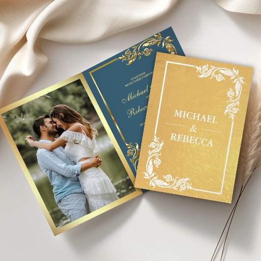 Gold Foil Floral Photo Faire-part de mariage bleu