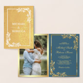 Gold Foil Floral Photo Faire-part de mariage bleu (Affichage)