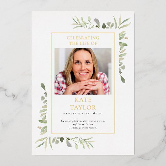 Gold Foil Foliage Funeral Order of Service Program Folie Uitnodiging (Voorkant)
