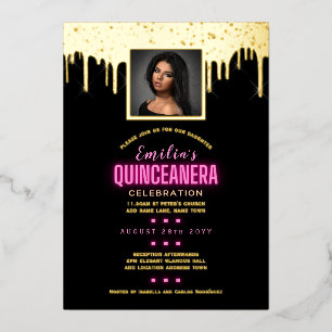 Gold Foil FOTO Roze 15e verjaardag Quinceanera Foi Folie Uitnodiging