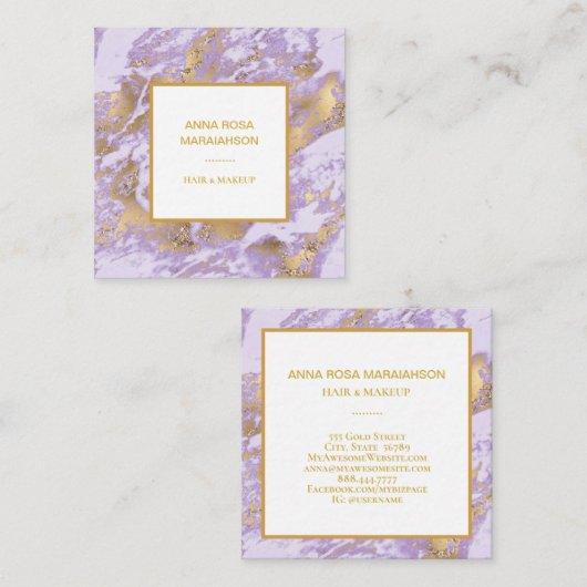 *~* Gold Foil Girly Luxe Lavender Marble Modern Vierkante Visitekaartje (Voorkant / Achterkant)