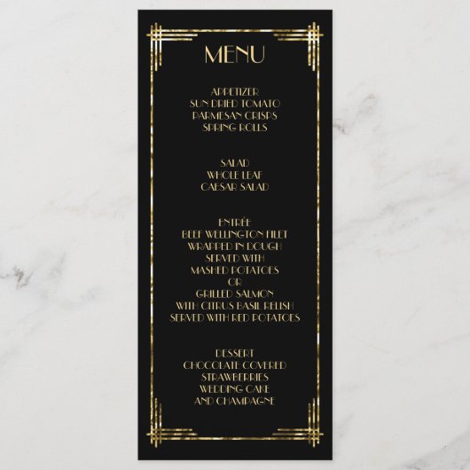 Gold Foil Great Gatsby Art Déco Menu Mariage (Devant)