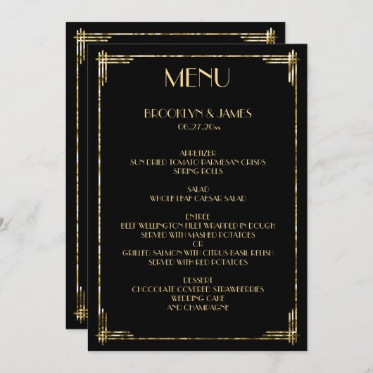 Gold Foil Great Gatsby Art Déco Menu Mariage (Devant / Derrière)
