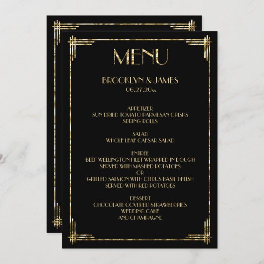 Gold Foil Great Gatsby Art Déco Menu Mariage Noir (Devant / Derrière)