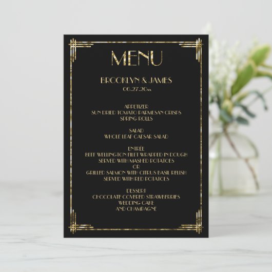 Gold Foil Great Gatsby Art Déco Menu Mariage Noir (Debout devant)