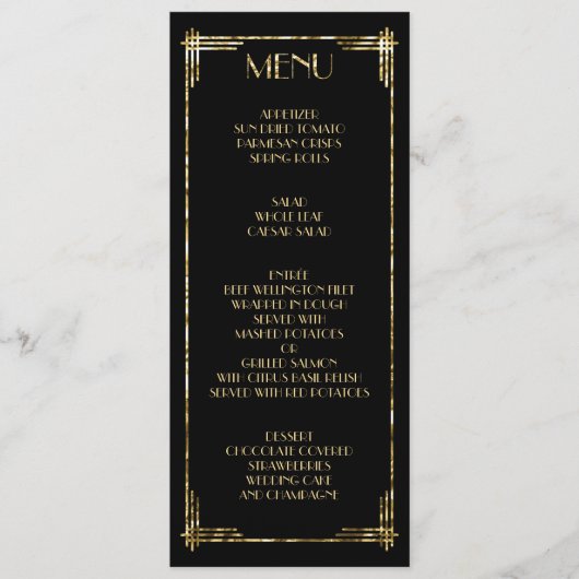 Gold Foil Great Gatsby Art Déco Menu Mariage Noir (Devant)