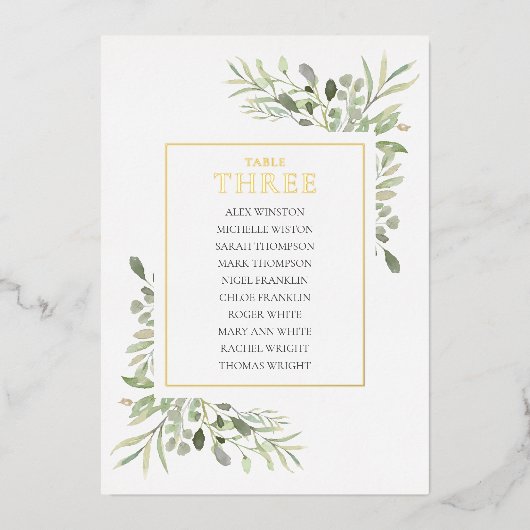 Gold Foil Greenery Table Number Seating Chart Folie Uitnodiging (Voorkant)