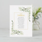 Gold Foil Greenery Table Number Seating Chart Folie Uitnodiging (Staand Voorkant)