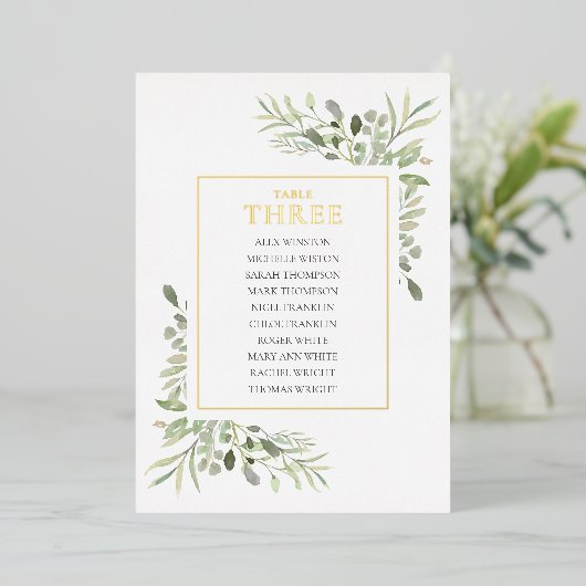 Gold Foil Greenery Table Number Seating Chart Folie Uitnodiging (Staand Voorkant)