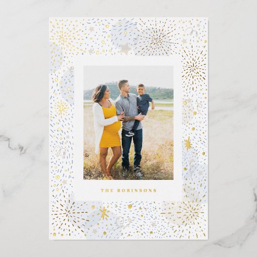 Gold Foil Handdraw Fireworks Nouvel An Carte photo (Recto)