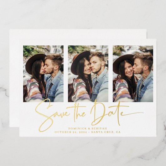 Gold Foil Handwrited Save the Date Multiple Photo Folie Uitnodiging (Voorkant / Achterkant)