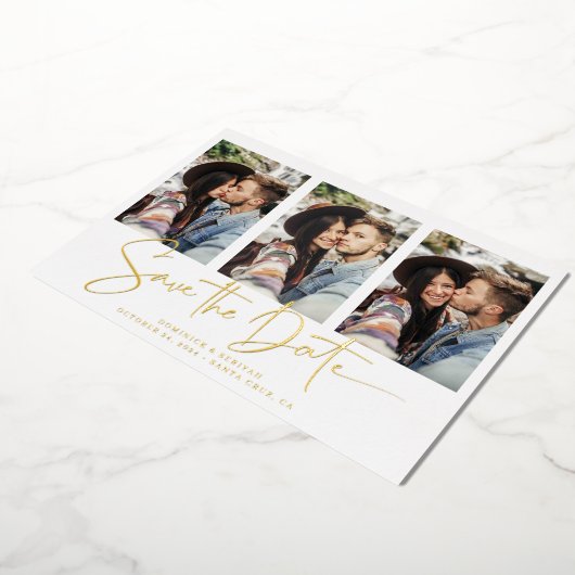 Gold Foil Handwrited Save the Date Multiple Photo Folie Uitnodiging (Gedraaid)