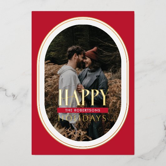 Gold Foil Happy Holidays Red Oval Frame Carte phot (Recto)