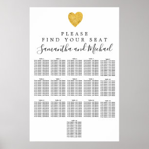 Gold foil Heart 16-Table Wedding Seating Chart Poster