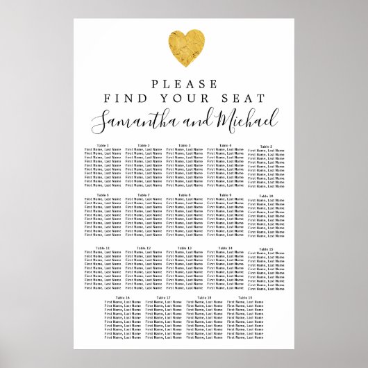 Gold foil Heart 19-tafel bruiloft Poster (Voorkant)