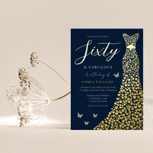 Gold Foil Heart Gown with Navy 60th Birthday Party Folie Uitnodiging