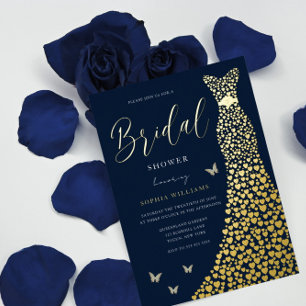 Gold Foil Heart Gown with Navy Vrijgezellenfeest Folie Uitnodiging