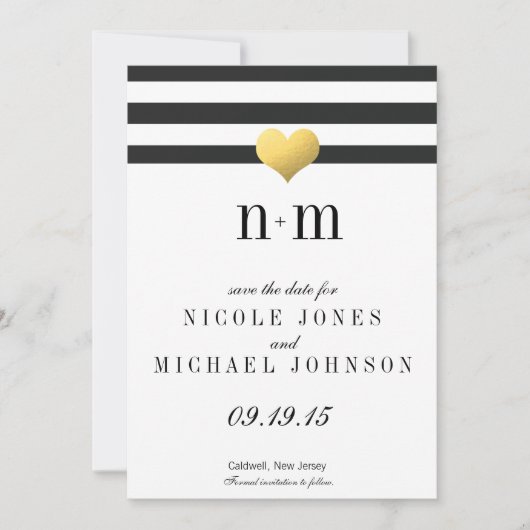 Gold Foil Heart + Stripes Sla de datums op Save The Date (Voorkant)