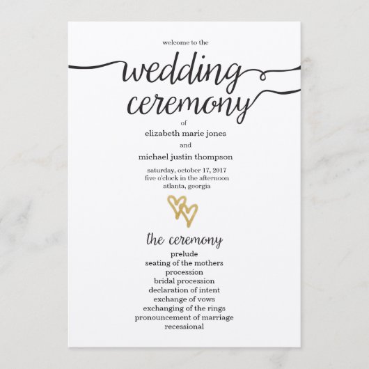 Gold Foil Hearts Kraft Paper Wedding Programme Programma (Voorkant)