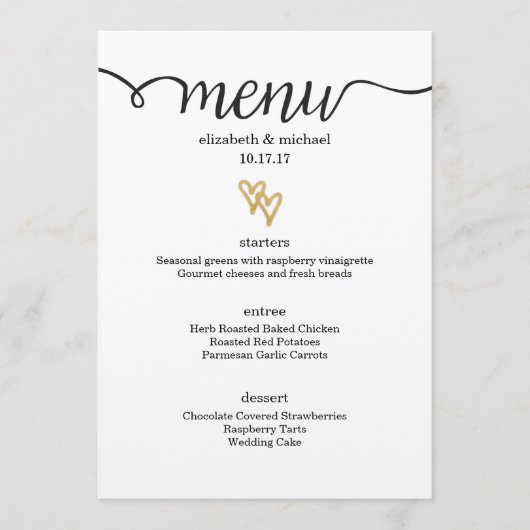 Gold Foil Hearts Kraft Papier Mariage Menu (Devant)