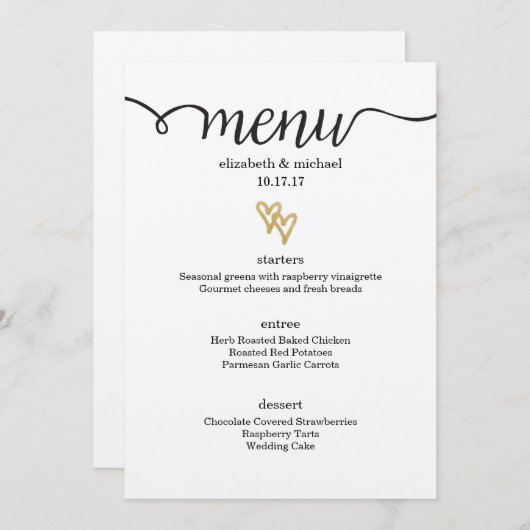 Gold Foil Hearts Kraft Papier Mariage Menu (Devant / Derrière)