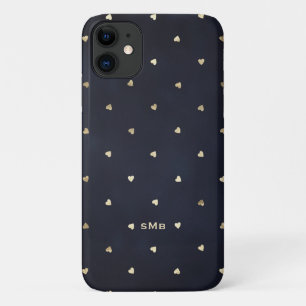 Gold Foil Hearts Pattern Blue Monogram iPhone 11 Hoesje