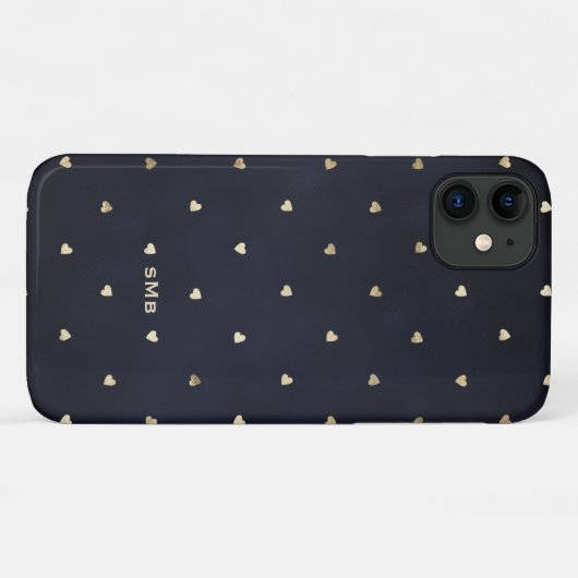 Gold Foil Hearts Pattern Blue Monogram Case-Mate iPhone Case (Achterkant (horizontaal))