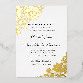 Gold Foil Lace Black en Gold Script Weddenschap Folie Uitnodiging