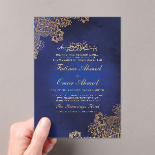 Gold Foil Lace Blue Islamic lim Weduwen Acryl Uitnodigingen