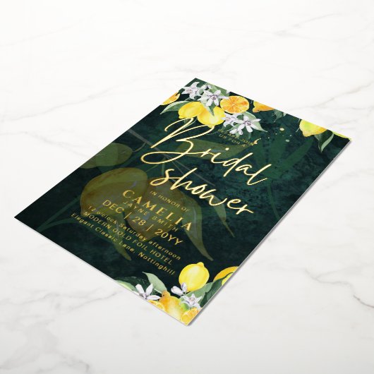 Gold Foil Lemon Zest VRIJGEZELLENFEEST QR Code Folie Uitnodiging (Gedraaid)