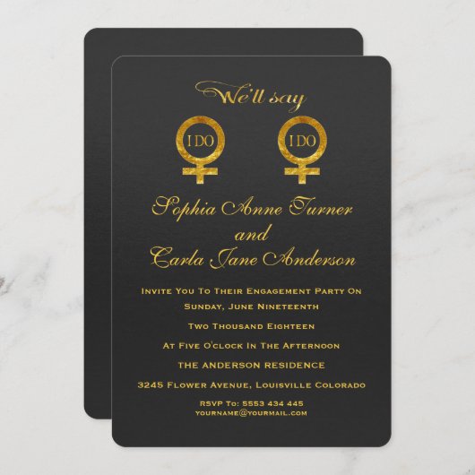 Gold Foil Lesbian Engagement Party Invitation (Devant / Derrière)