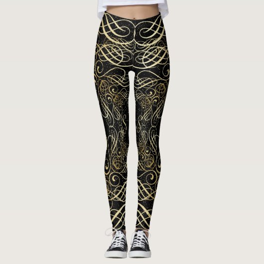 Gold Foil Look Scrollwork Script op zwart Elegant Leggings (Voorkant)