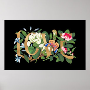 Gold Foil Love Text Floral Botanical Black Poster