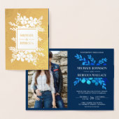 Gold Foil Marine Blue Floral Faire-part de mariage (Affichage)