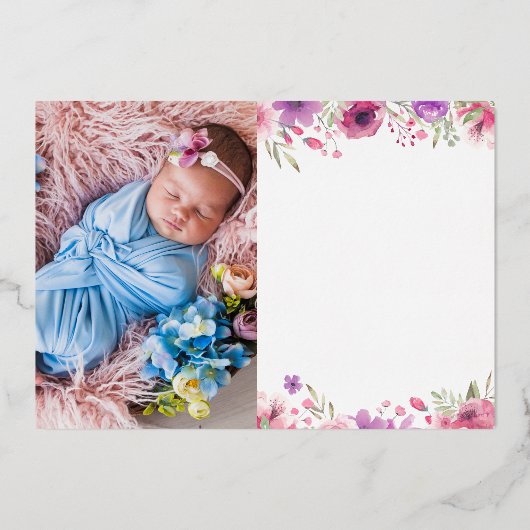Gold Foil Merci floral Photo Faire-part bébé (Recto)