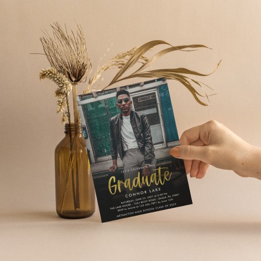 Gold Foil Moderne Grad Party 2 Photo Invitation