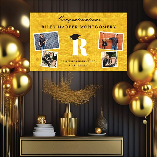 Gold Foil Monogram 4 Foto Modern Graduation Party Spandoek