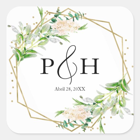Gold Foil Monogram Geometric Greenery Wedding Vierkante Sticker (Voorkant)