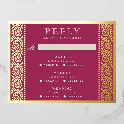 Gold Foil Multi Événement Floral Wedding Carte RSV (Recto)