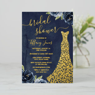 GOLD FOIL Navy Gold Floral Dress Vrijgezellenfeest Folie Uitnodiging