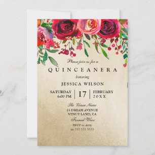 Gold Foil Pink & Red Rose Quinceanera Uitnodiging