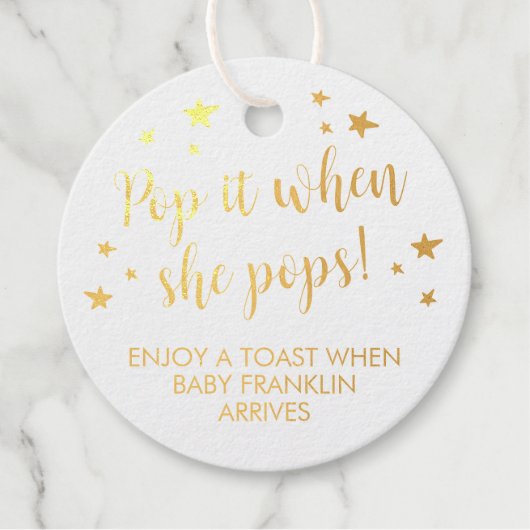 Gold Foil Pop het als ze Baby shower Pop Bedankjes Labels (Voorkant)