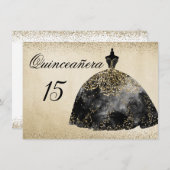 Gold Foil Robe noire Quinceanera invitation (Devant / Derrière)