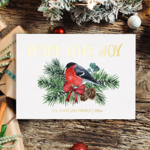 Gold Foil Robin Bird Peace Love Joy Kerstmis Folie Feestdagenkaart