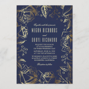 Gold Foil Rozen en Baby's Breath Navy Wedding Kaart