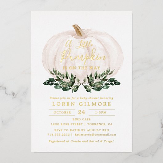 Gold Foil Rustic Little Pumpkin-Baby shower Folie Uitnodiging (Voorkant)