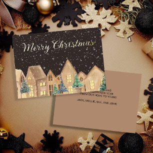 Gold Foil Scandinavian Village Houses Kerstmis Folie Feestdagenkaart