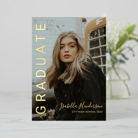 Gold Foil Script 2 Photo Graduation Faire-part (Debout devant)